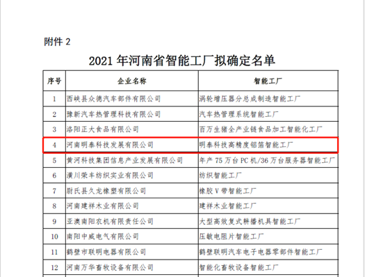 2021年河南省智能车间智能工厂拟认定名单公示，明泰科技榜上有名